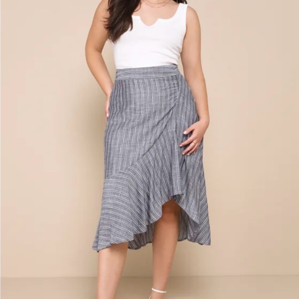 Size L By the Bay Washed Blue and White Striped Ruffled Midi Skirt